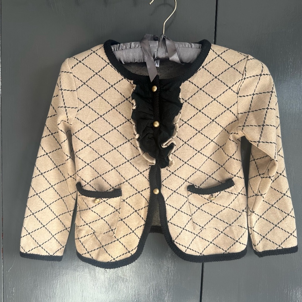 EUC. Size 6Y/6X. Mia Belle Girls Sophisticated Geometric Ruffle cardigan